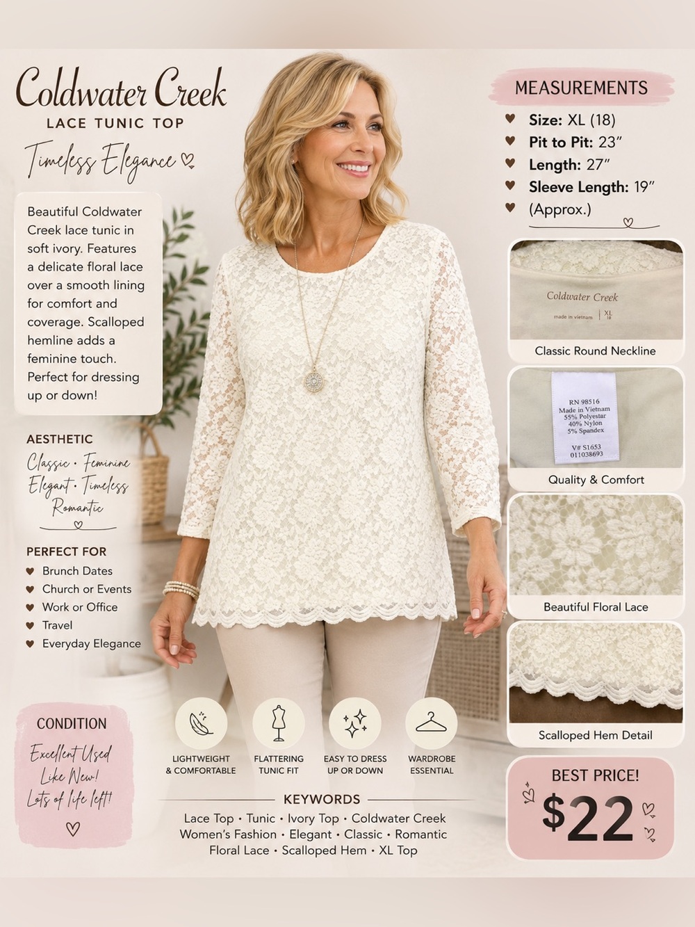 Coldwater Creek Cream Lace Long-Sleeve Blouse
